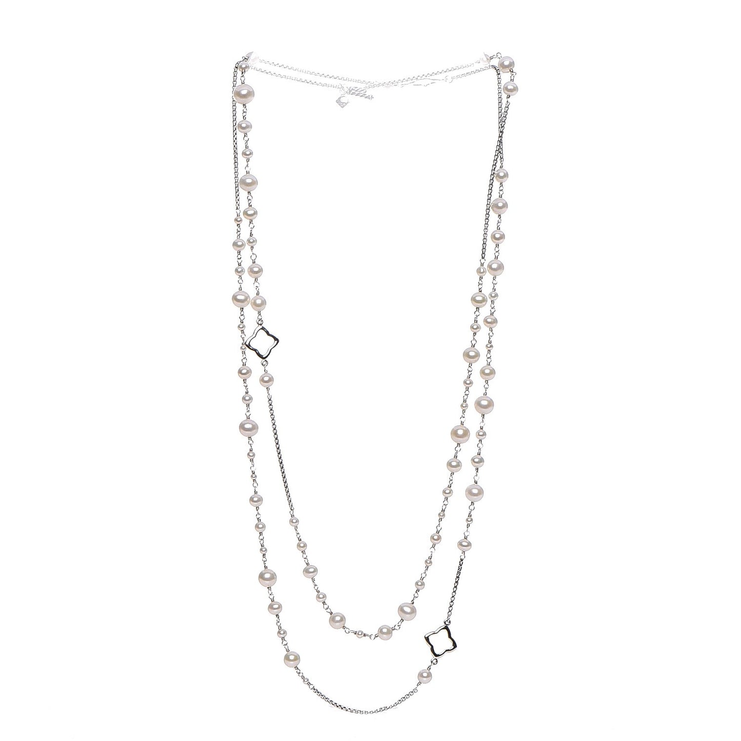 Sterling Silver Pearl 7.5mm Quatrefoil Long Chain Necklace