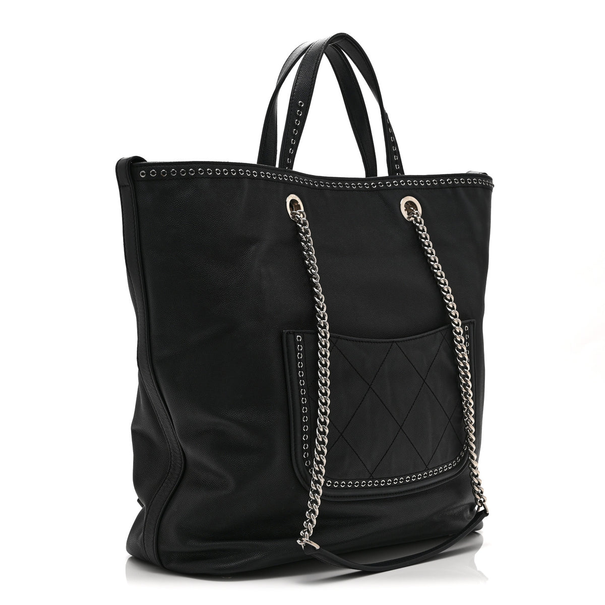 Grained Calfskin Large Coco Eyelets Shopping Tote Black