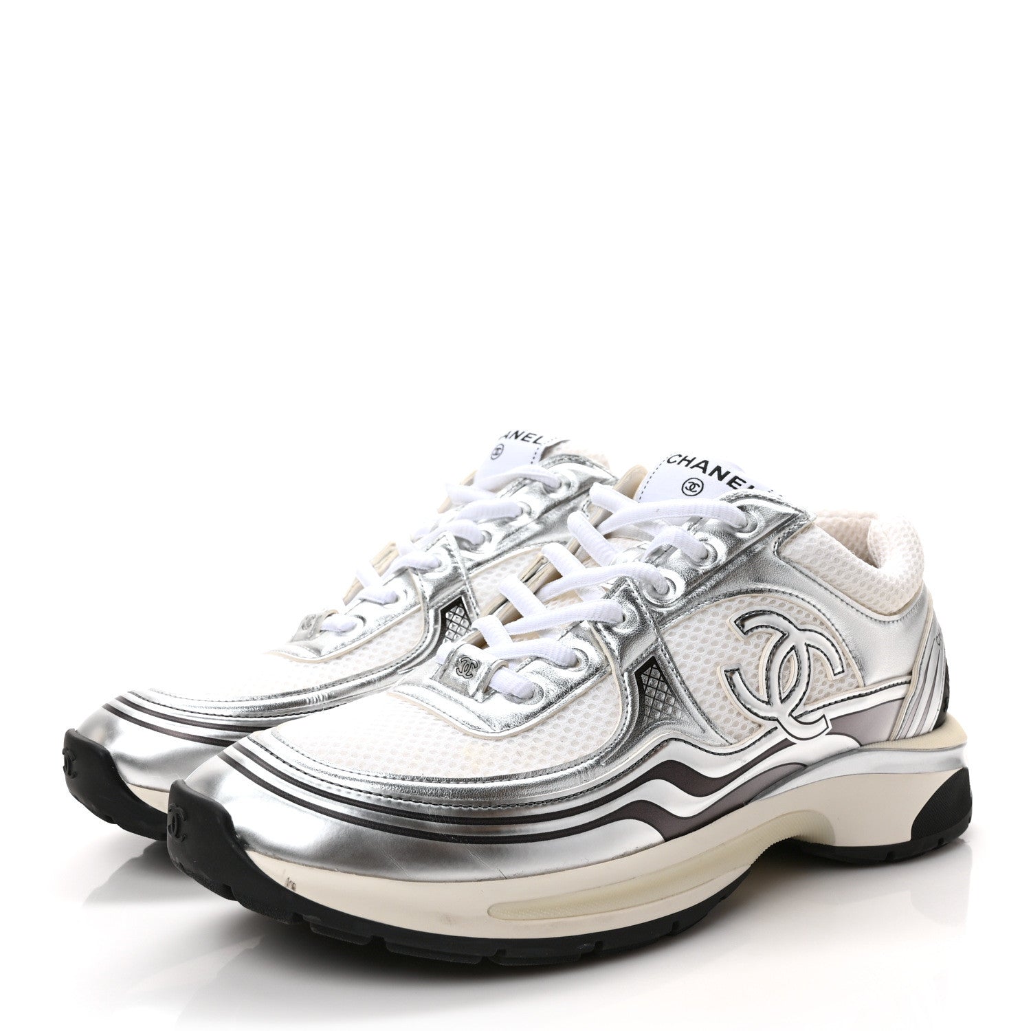 Chanel Fabric Laminated Calfskin Stretch CC Sneakers 40.5 White Silver 3 of 9