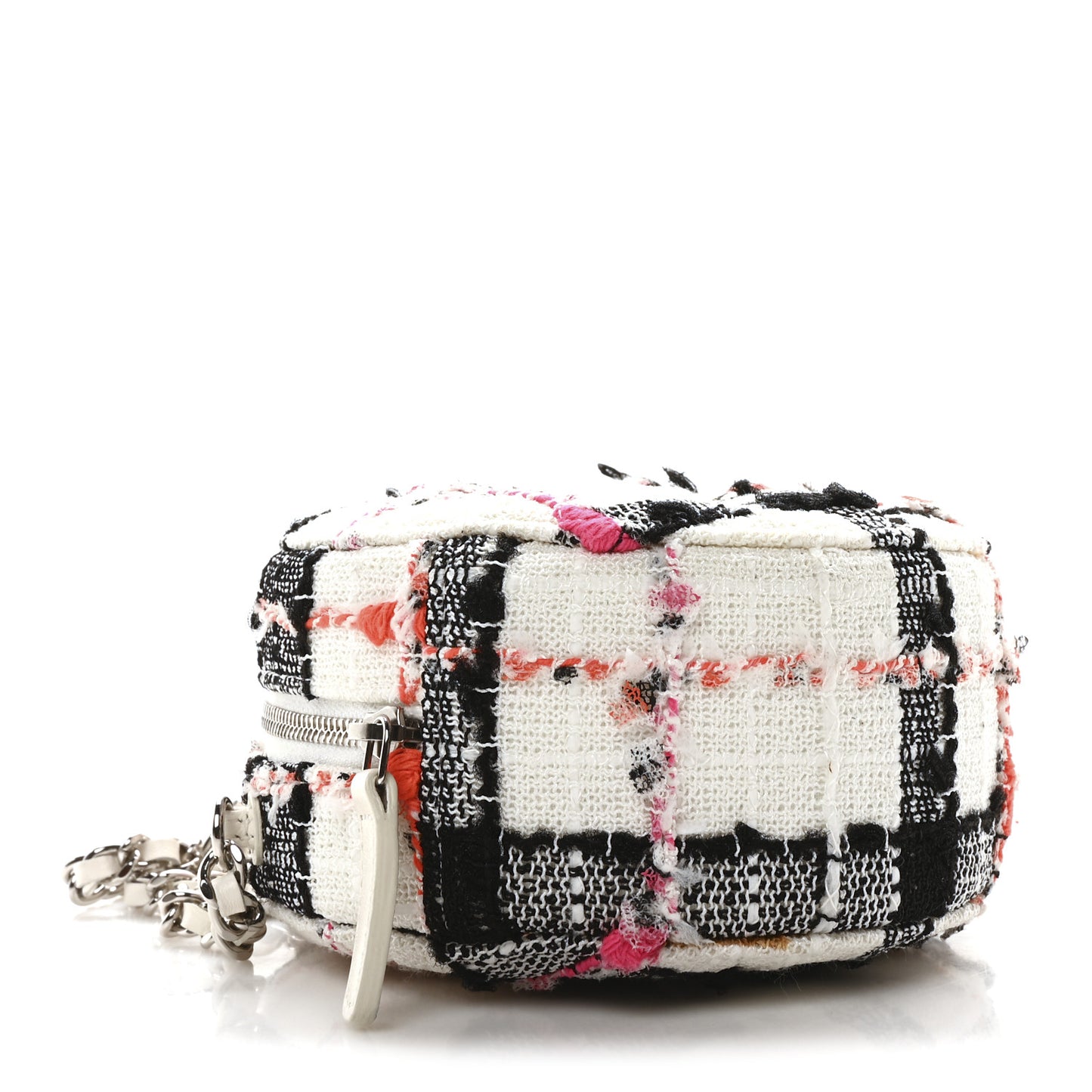 Tweed Quilted Round Clutch With Chain Black White Multicolor