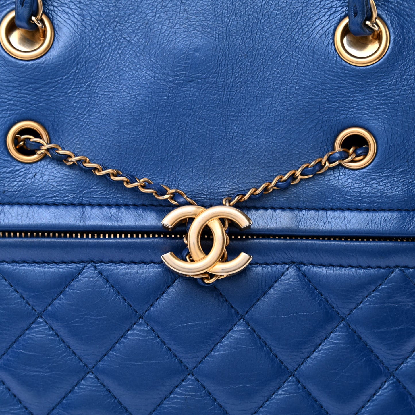 Calfskin Front Zip CC Drawstring Chain Drawstring Tote Blue