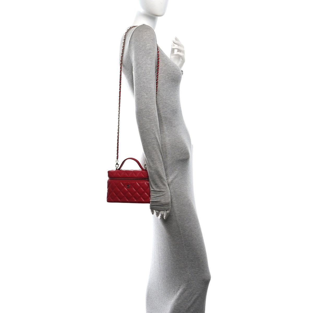 Caviar Quilted Top Handle Slim Vanity With Chain Red