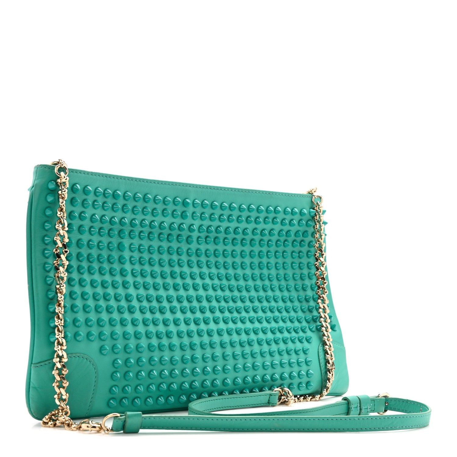 Christian Louboutin Calfskin Spikes Loubiposh Chain Clutch Turquoise 3 of 14