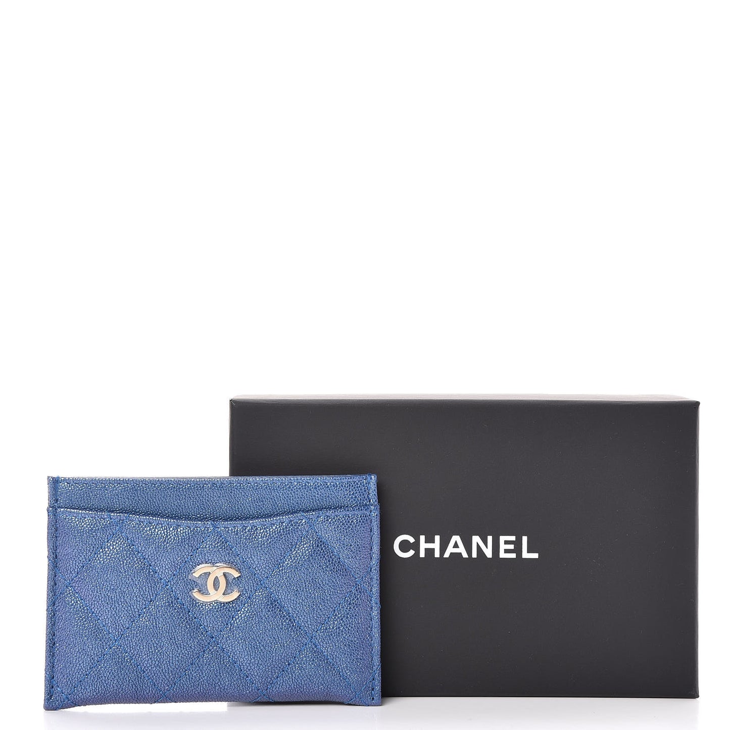 Iridescent Caviar Quilted Card Holder Blue Fonce