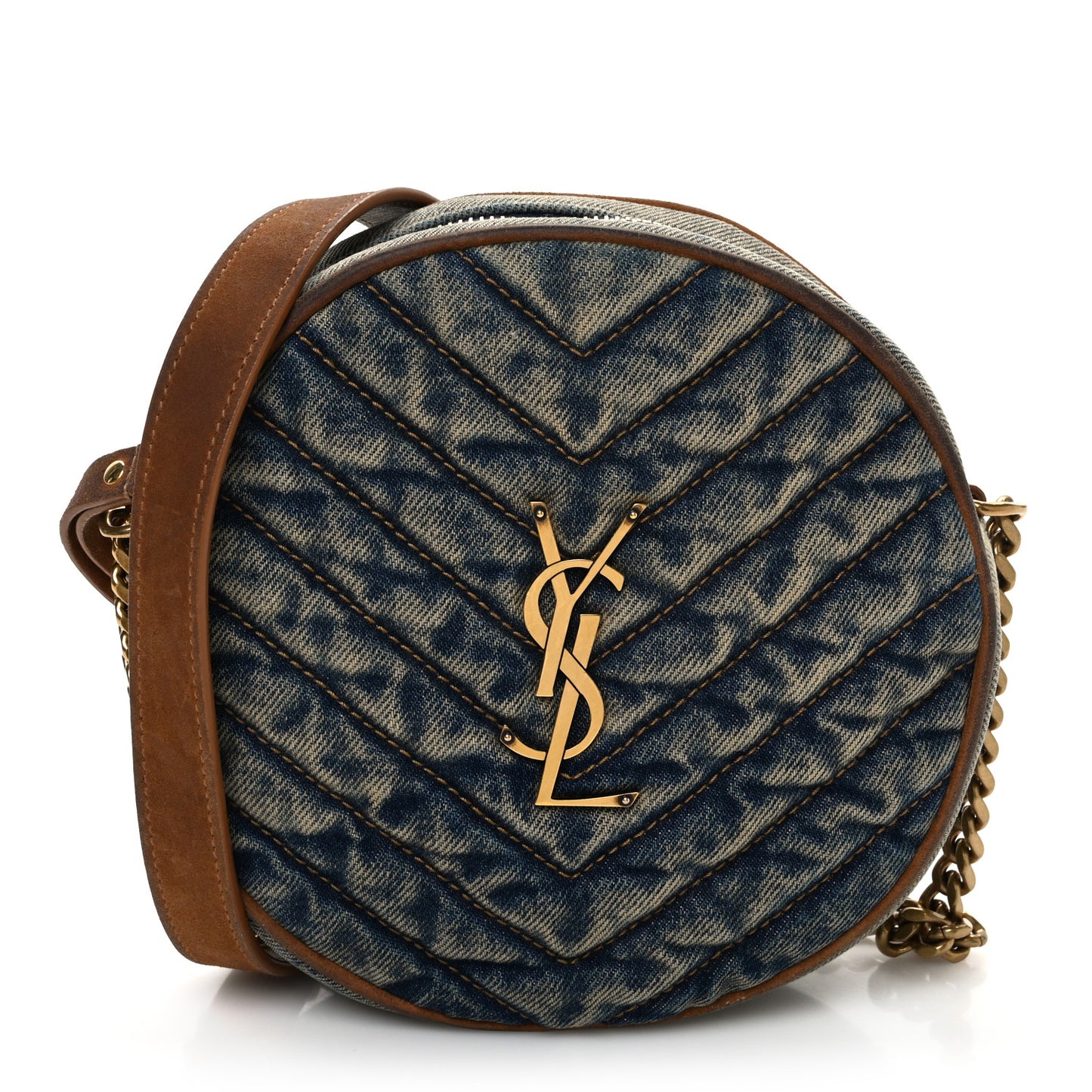 Denim Matelasse Chevron Quilted Round Vinyle Camera Bag Rodeo Blue Cinnamon