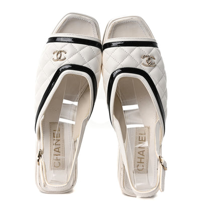 Chanel Lambskin Patent Quilted CC Platform Sandals 37.5 White Black 2 of 9