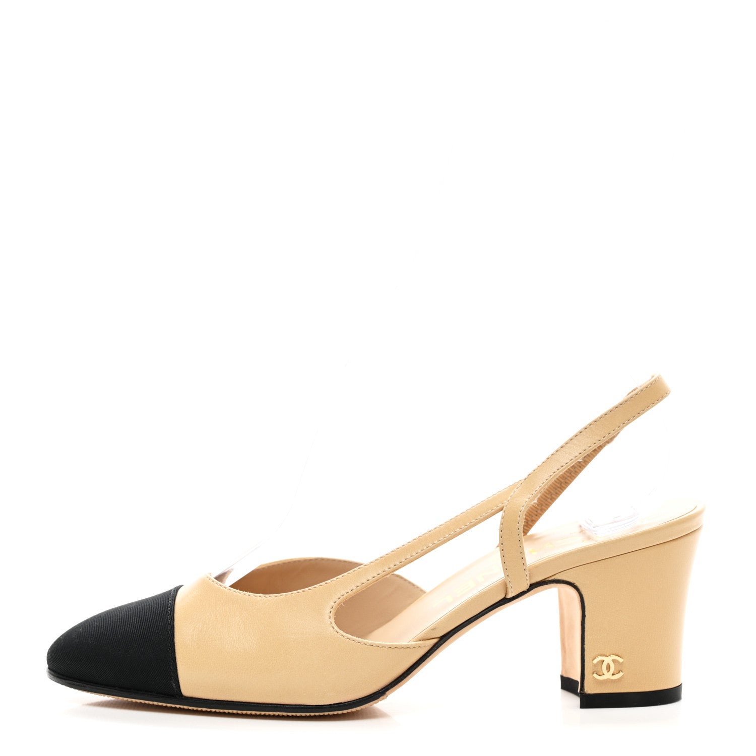 Chanel Goatskin Grosgrain Cap Toe CC Slingback Pumps 35 Beige Black 1 of 10
