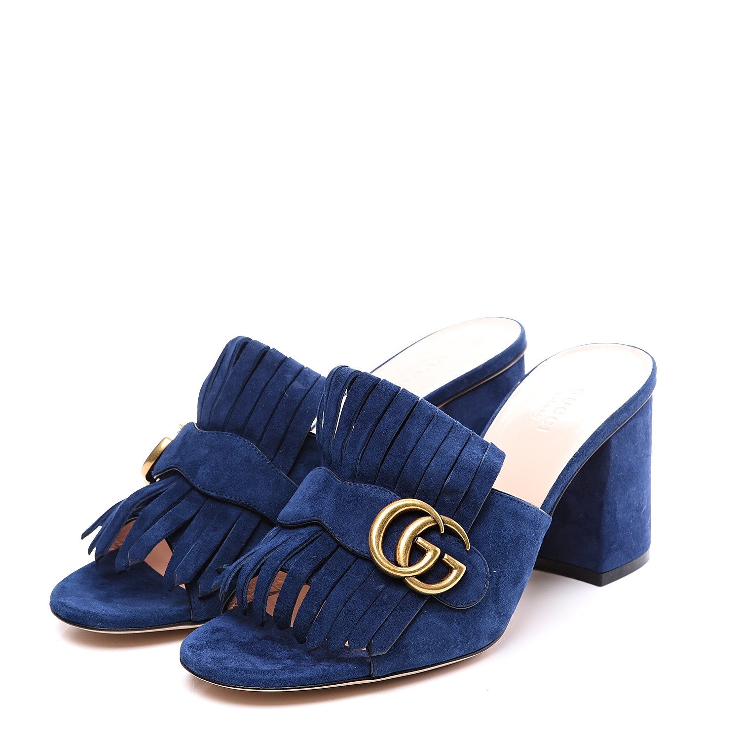 Gucci Kid Scamosciato GG Marmont Fringe 75mm Slide Sandals 39.5 Blue Ink 2 of 10