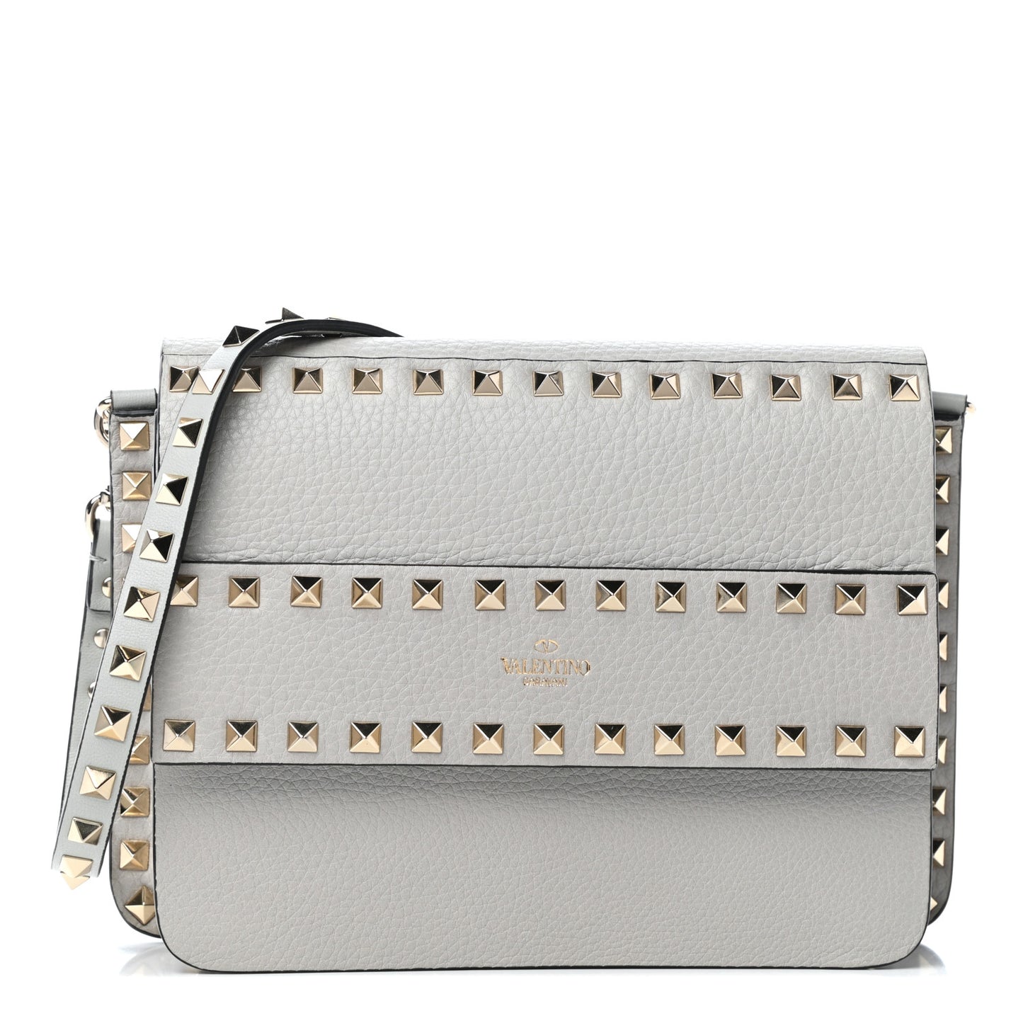Pebbled Calfskin Rockstud Side Slip Crossbody Pastel Grey