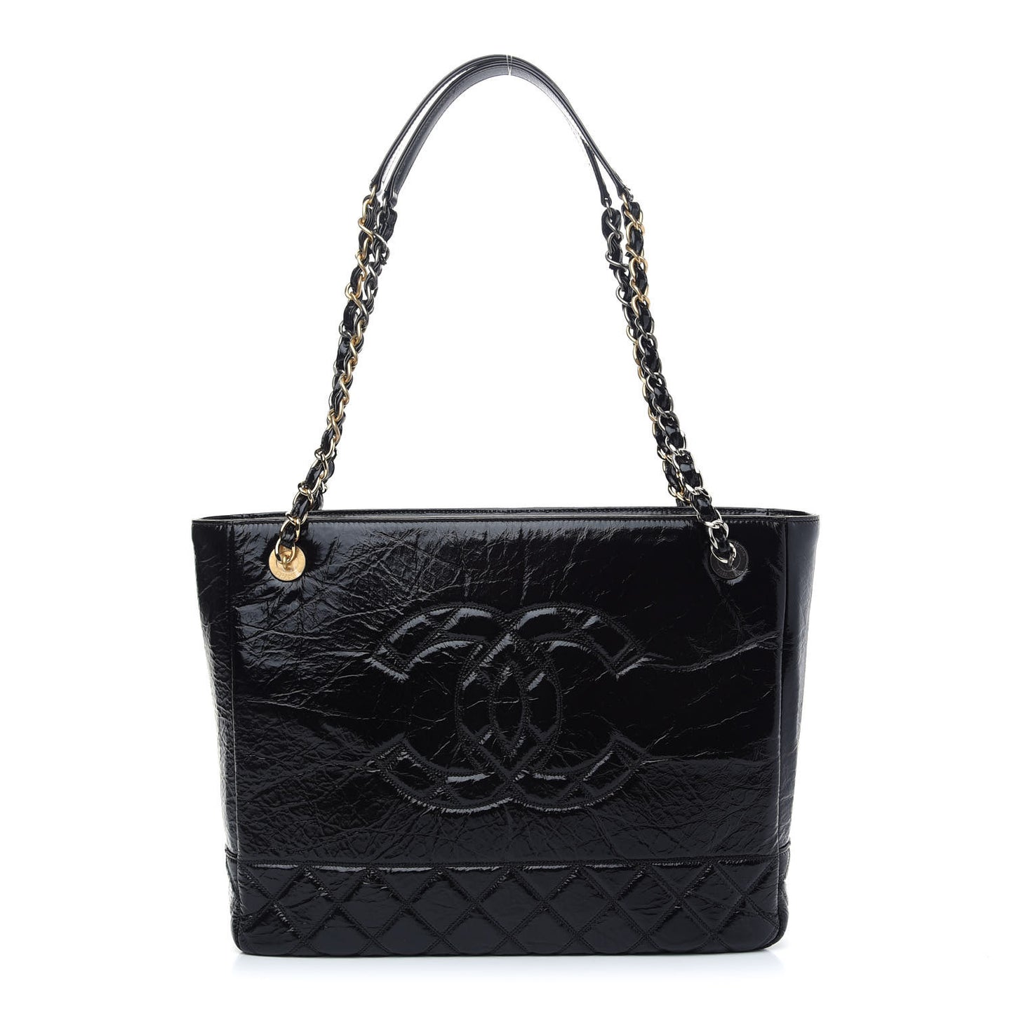 Shiny Aged Calfskin Quilted Small Shopping Bag Black