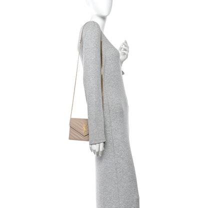 Saint Laurent Grain De Poudre Matelasse Chevron Monogram Envelope Chain Wallet Dark Beige 2 of 12