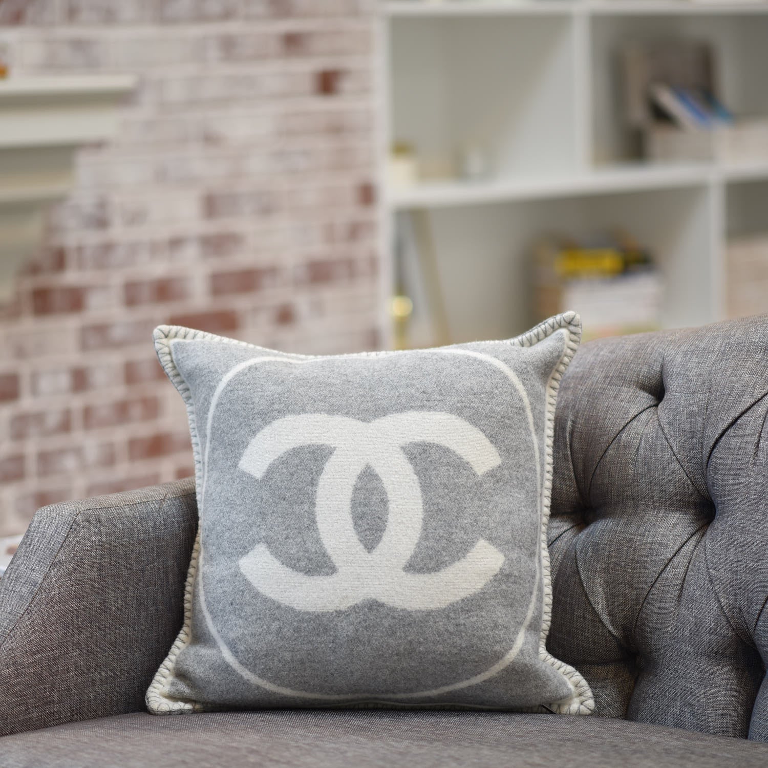 Chanel Merino Wool Cashmere CC Pillow Grey Off White 4 of 7