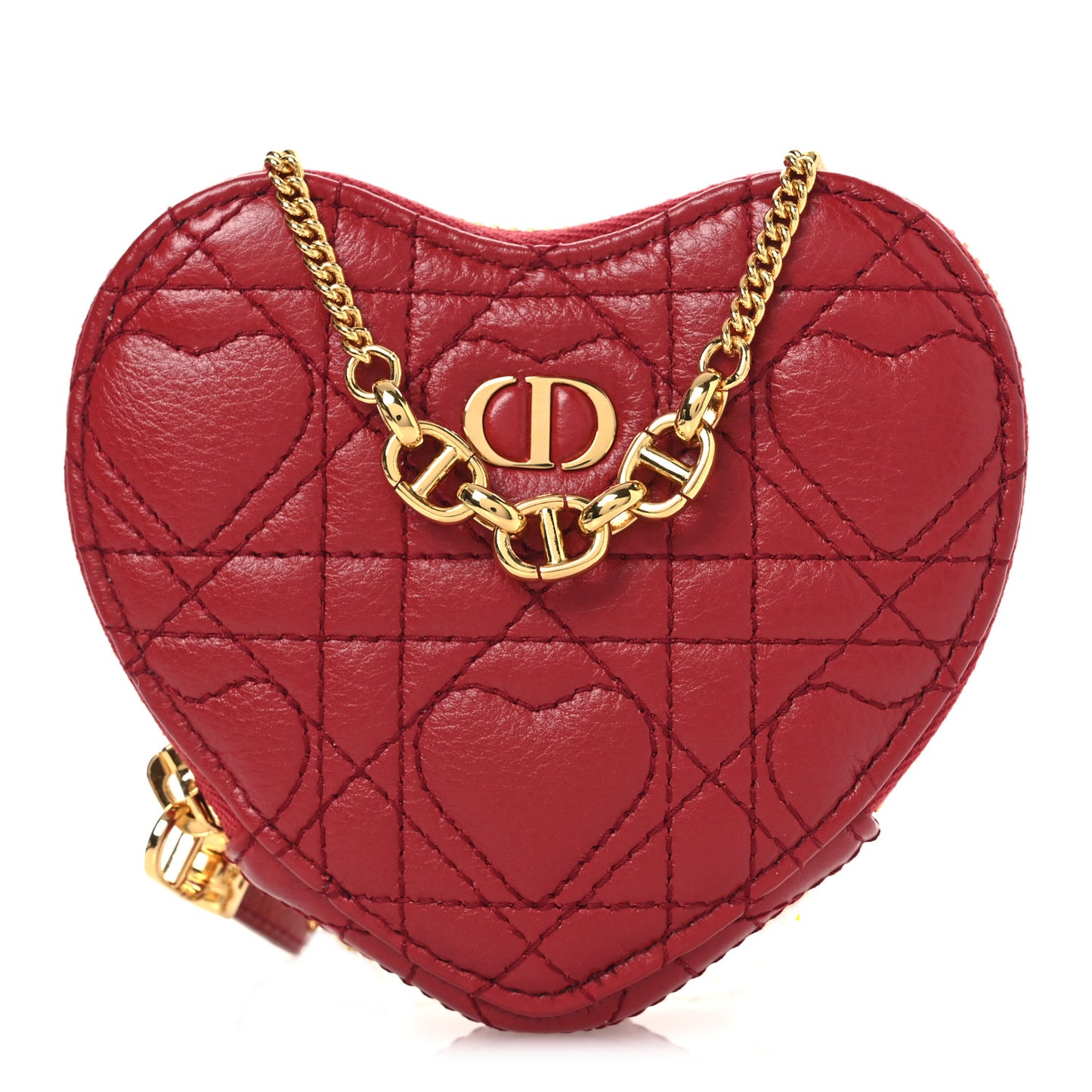 Calfskin Cannage Dioramour Caro Heart Pouch With Chain Bright Red