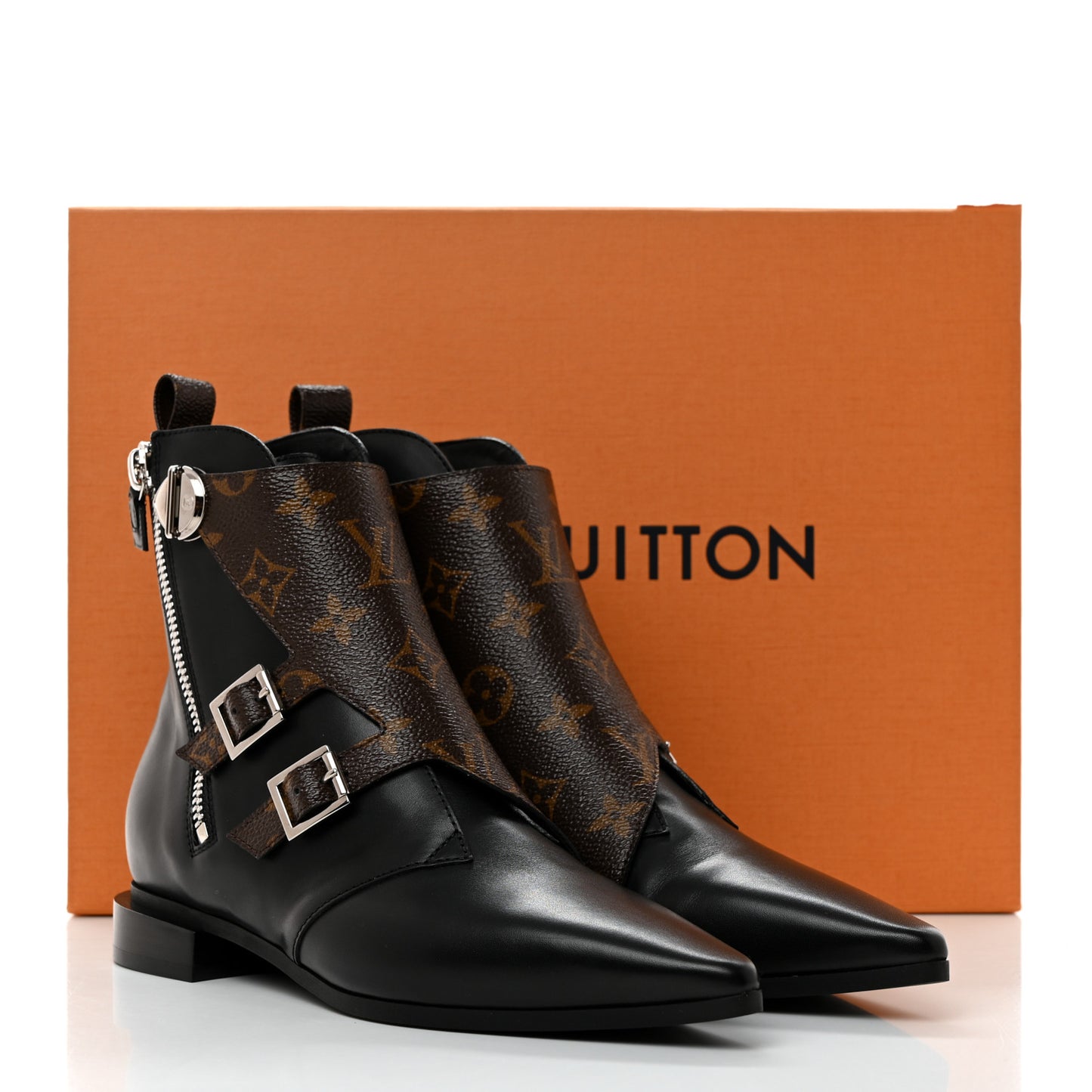 Calfskin Monogram Jumble Flat Ankle Boots 36.5 Black