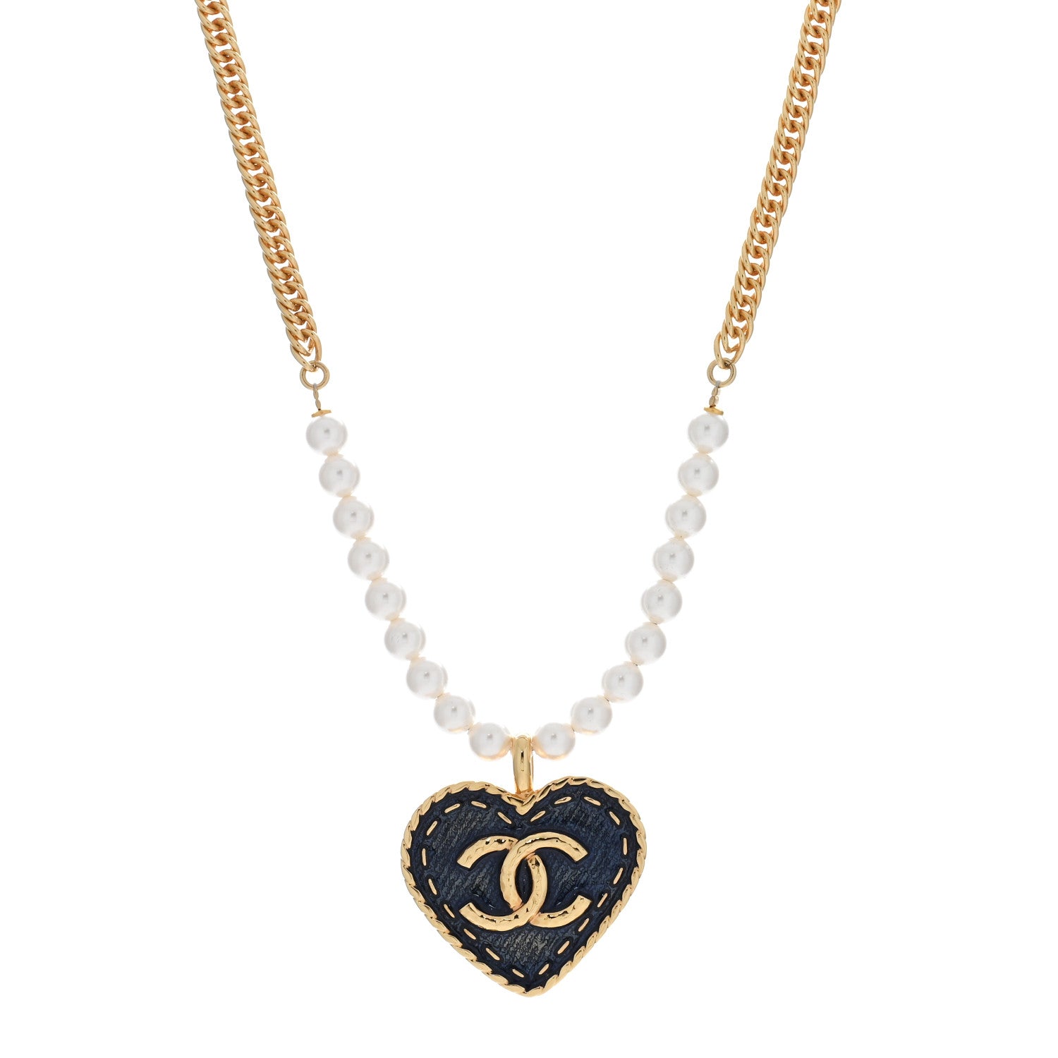 Chanel Metal Denim CC Heart Choker Gold Blue Pearly White 1 of 4