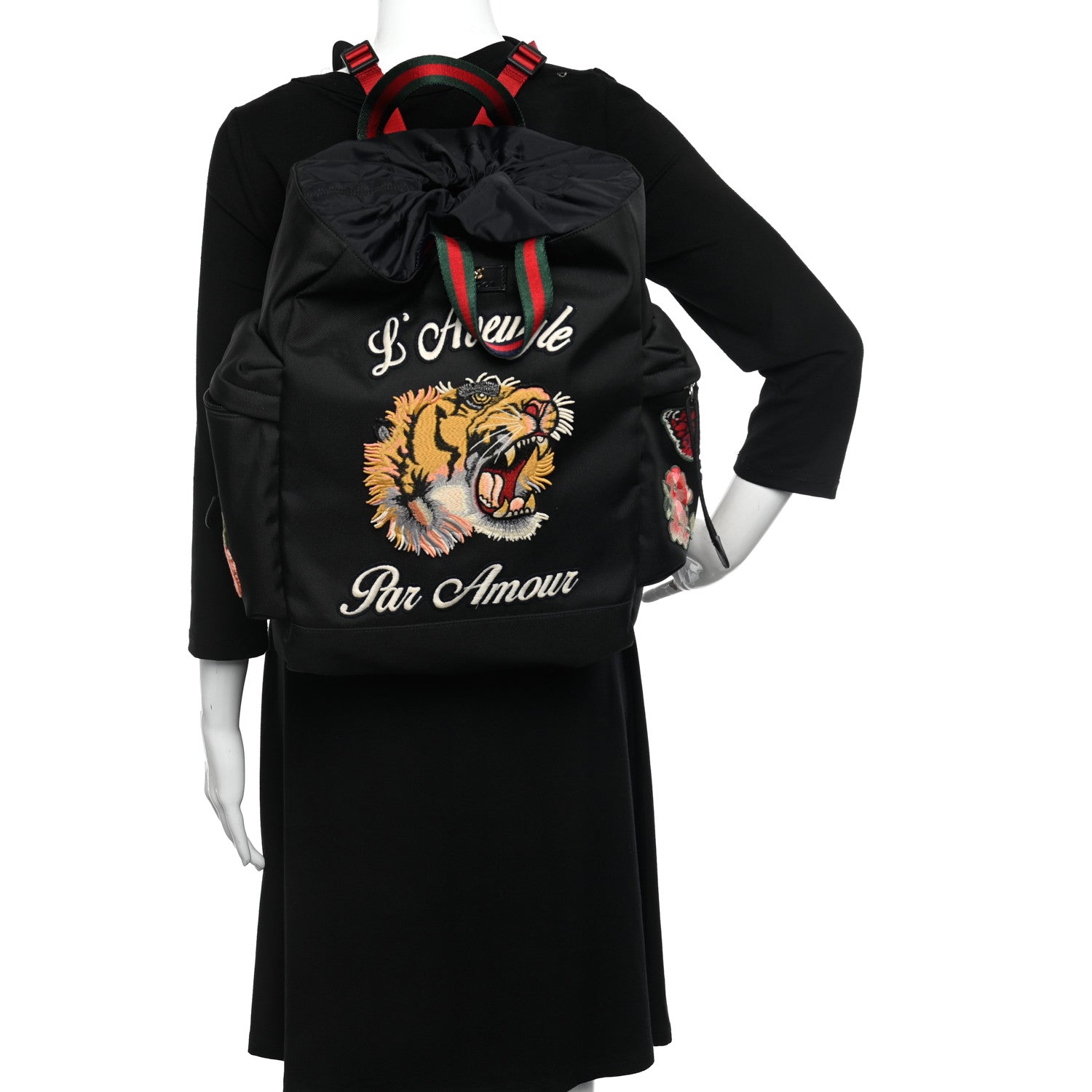 Gucci Techno Canvas Web L'Aveugle Par Amour Embroidered Double Buckle Backpack Black 3 of 11