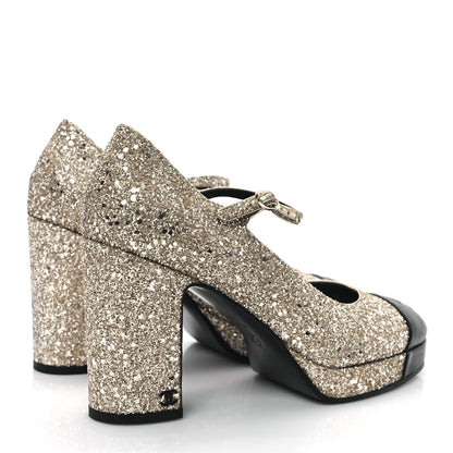 Chanel Glitter Lambskin Cap Toe CC Mary Jane Pumps 39.5 Light Gold Black 4 of 9