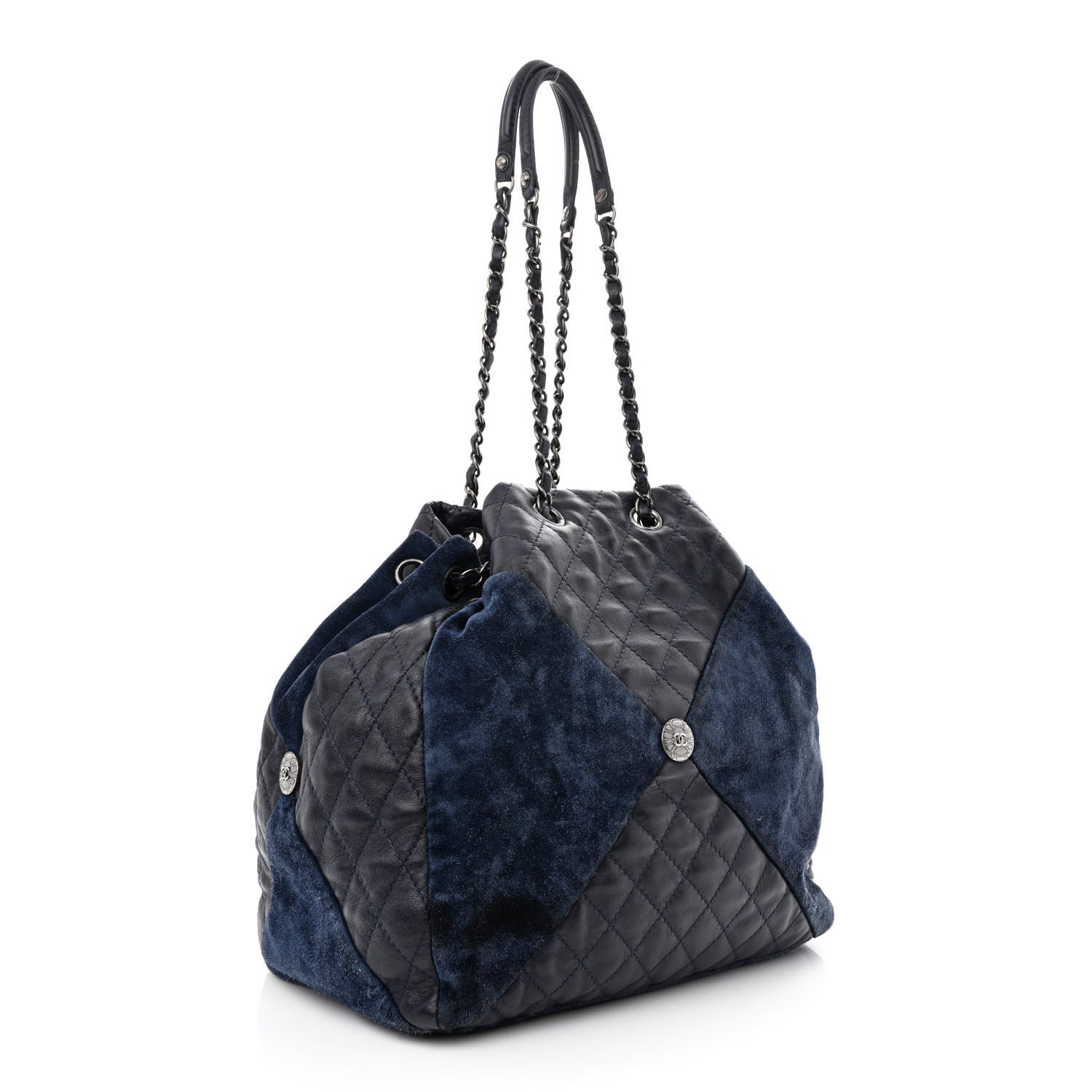 Chanel Goatskin Suede Calfskin Quilted Patchwork Drawstring Bag Blue 3 of 11