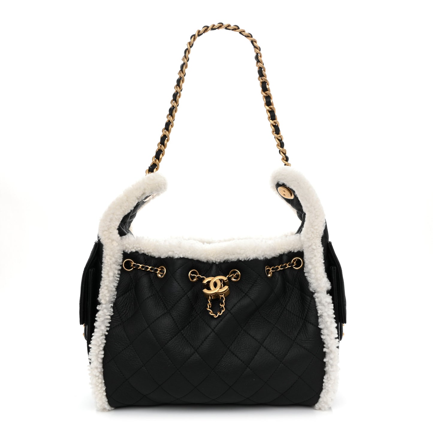 Crumpled Sheepskin Shearling Quilted Small Chanel 25 Handbag Black White