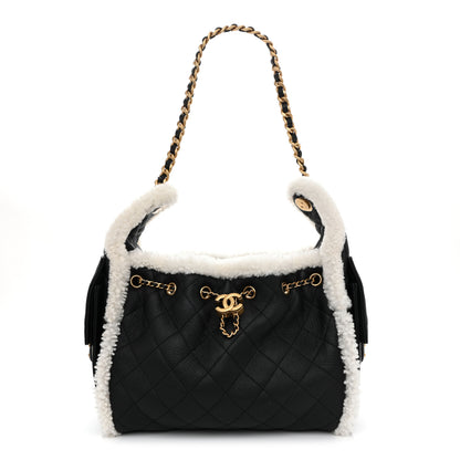Chanel Crumpled Sheepskin Shearling Quilted Small Chanel 25 Handbag Black White 1 of 10