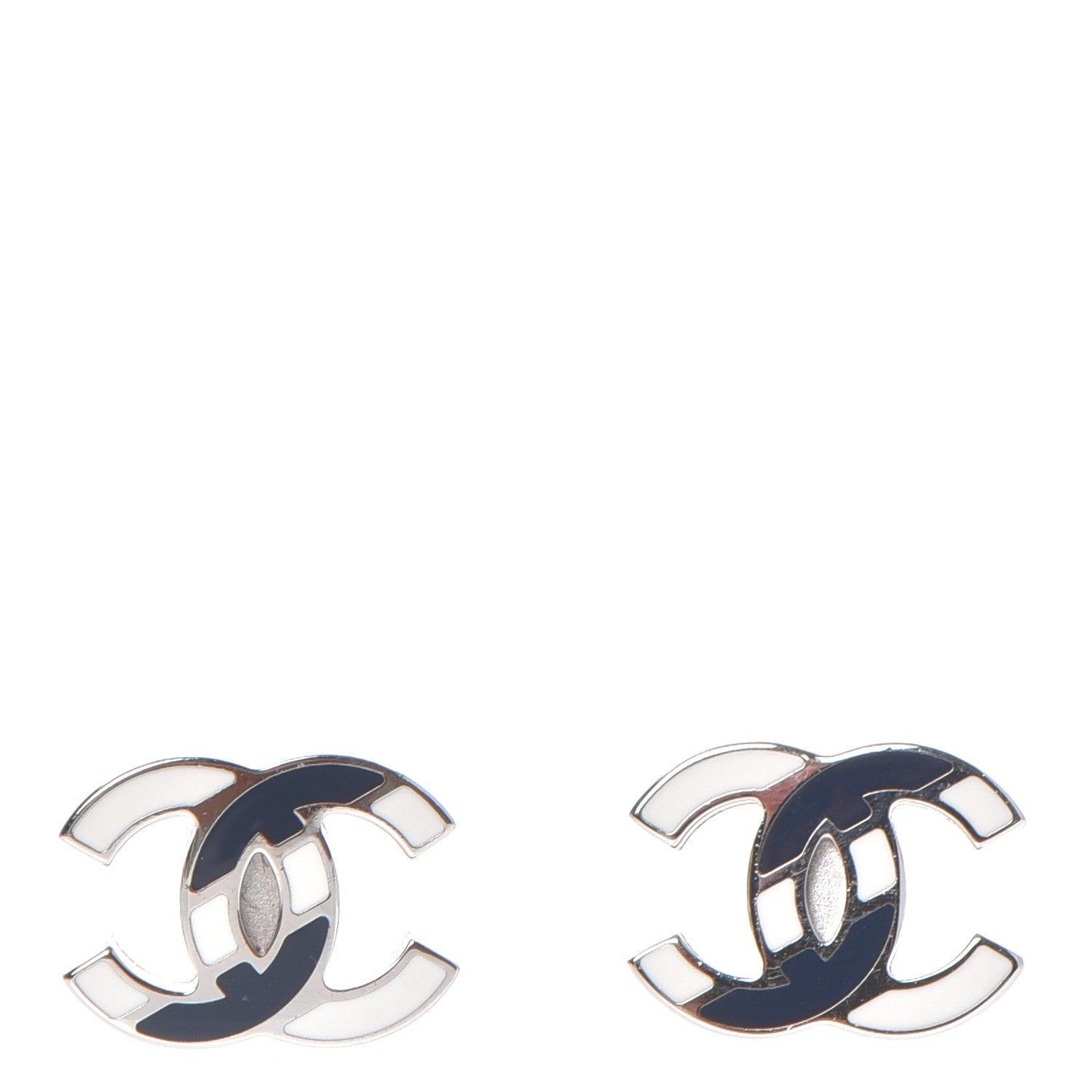 Chanel Enamel CC Earrings Navy White Silver 1 of 6