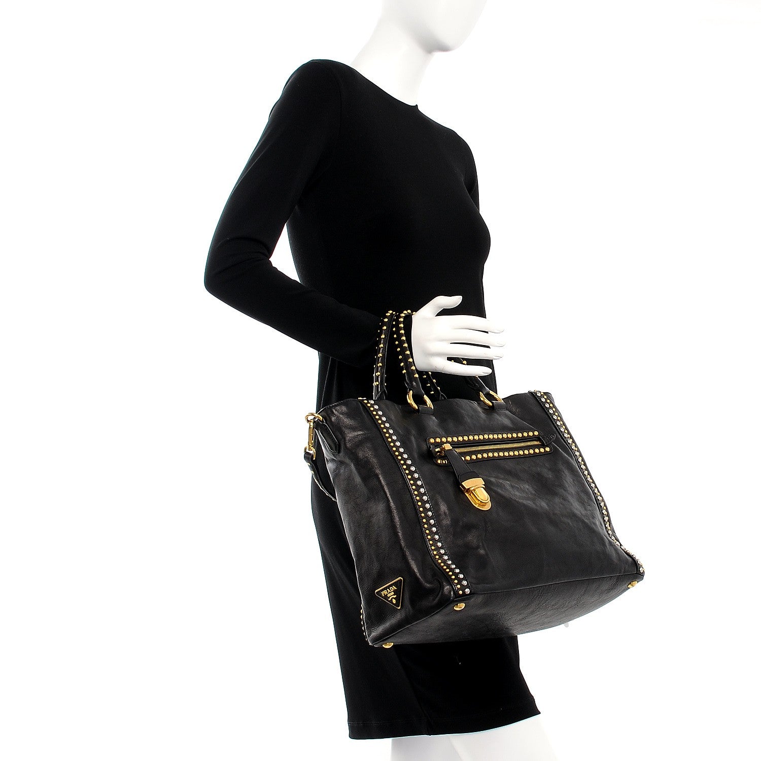 Prada Glace Calf Studded Tote Nero Black 3 of 10