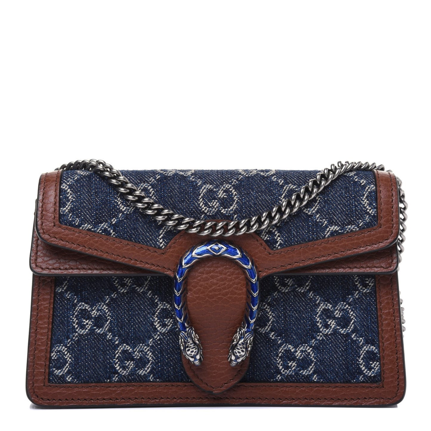 New Denim GG Monogram Dollar Calfskin Enamel Super Mini Dionysus Shoulder Bag Blue Tea Cuir Epilog Electric Blue