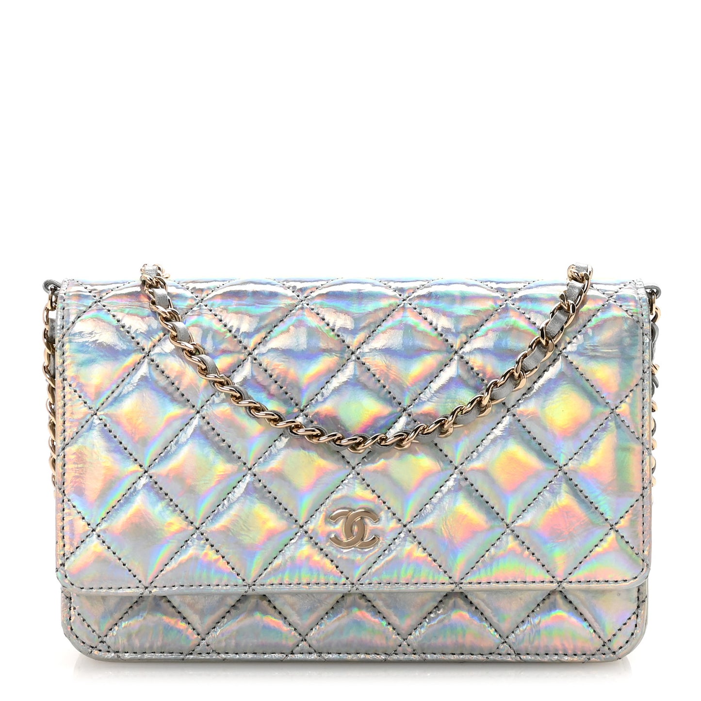 Iridescent Goatskin Quilted Wallet On Chain WOC Silver