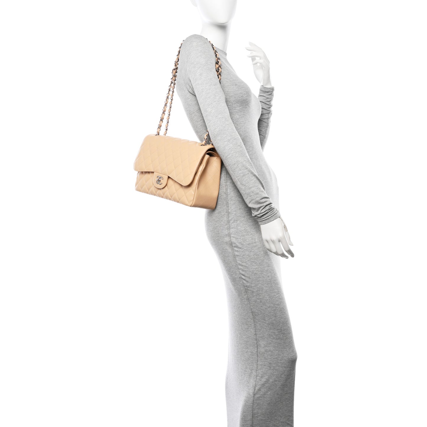 Caviar Quilted Jumbo Double Flap Beige Clair