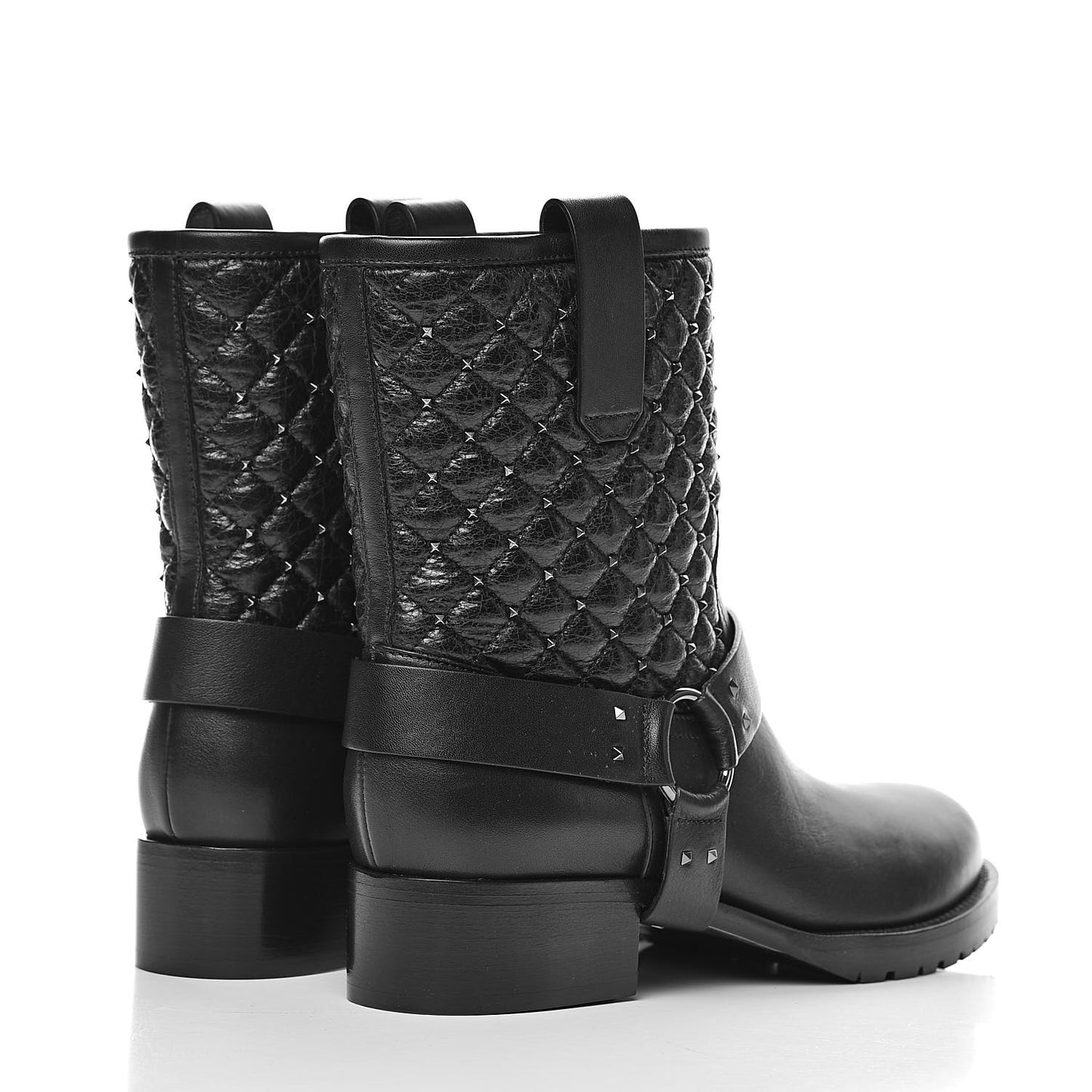 Calfskin Crackled Lambskin Rockstud Spike 20mm Biker Boots 37.5 Black