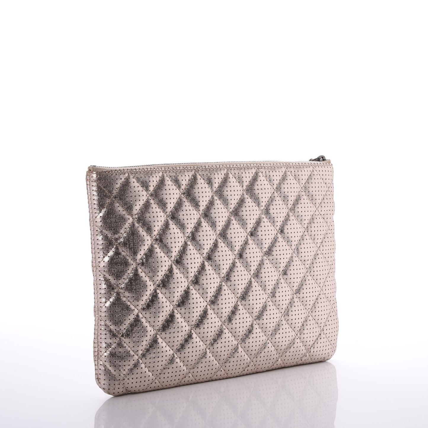 Metallic Perforated Lambskin Quilted Medium Cosmetic Case Light Gold