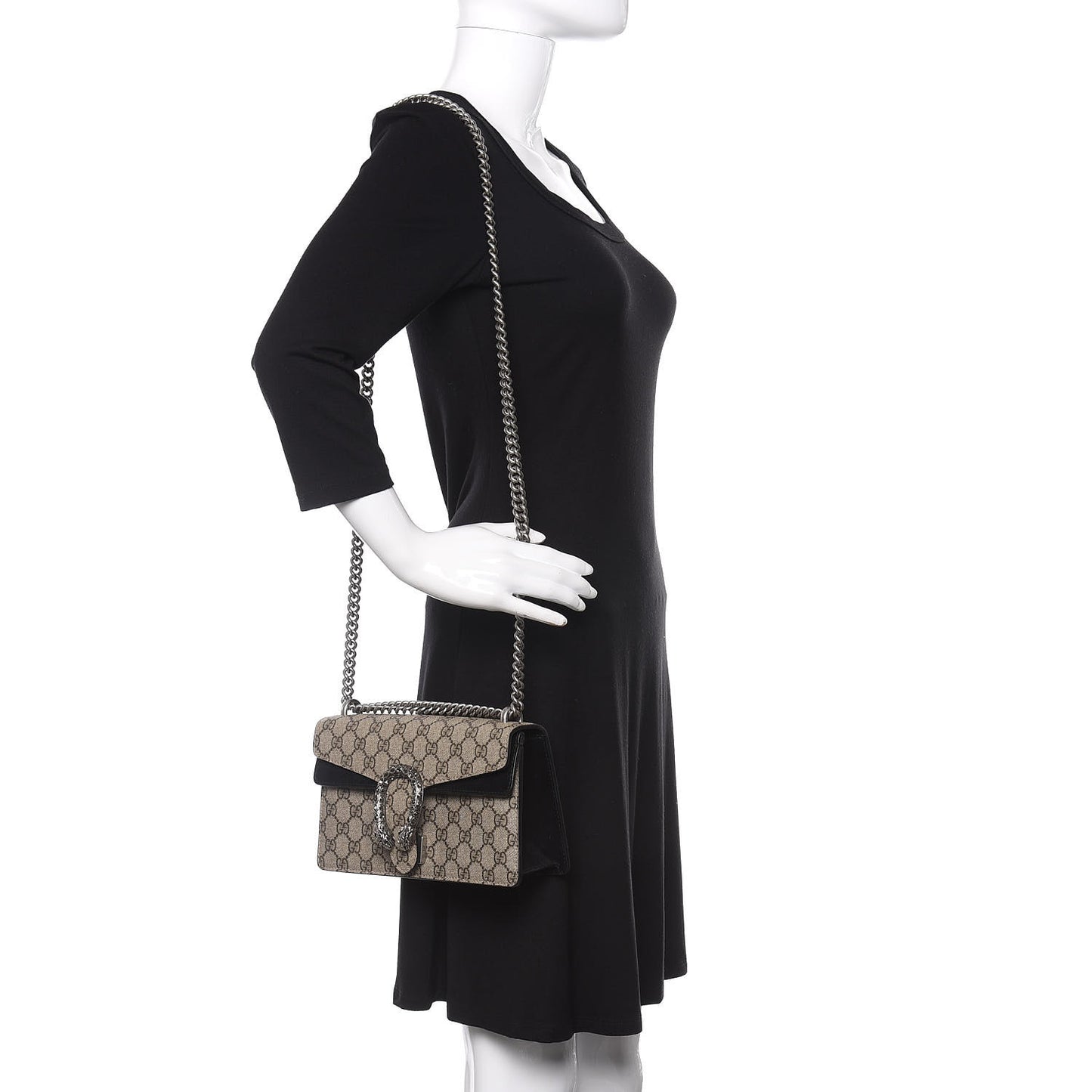 GG Supreme Monogram Suede Crystal Small Dionysus Shoulder Bag Beige Ebony Black