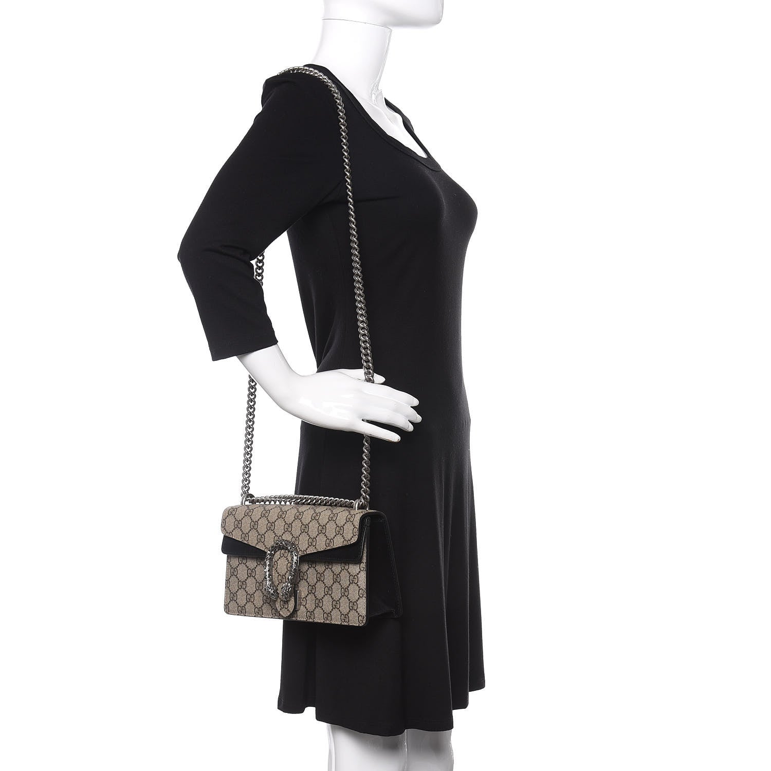 Gucci GG Supreme Monogram Suede Crystal Small Dionysus Shoulder Bag Beige Ebony Black 2 of 13