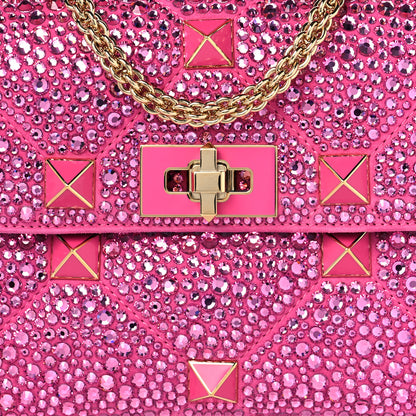 Valentino Garavani Crystal Suede Enamel Medium Roman Stud Shoulder Bag Pink PP 7 of 9