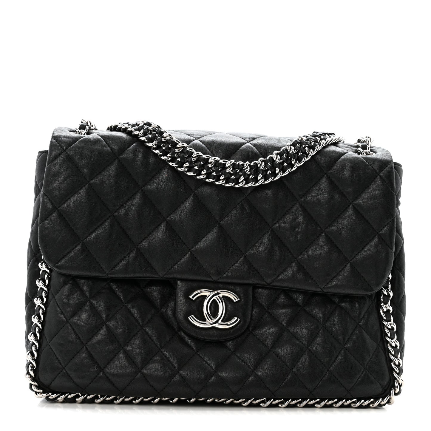 Washed Lambskin Quilted Maxi Chain Around Flap Black