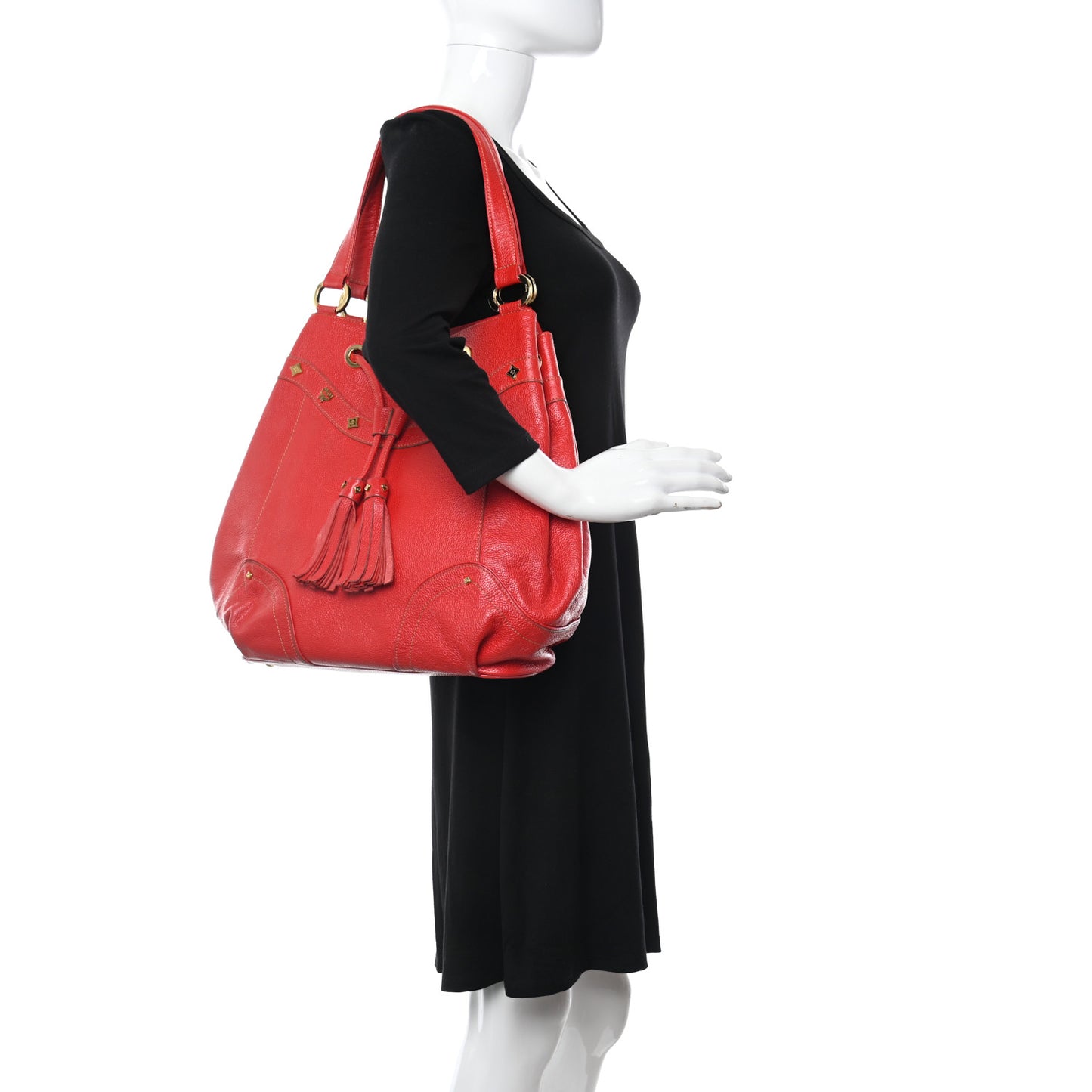 Grained Calfskin Studded Drawstring Bucket Bag Red