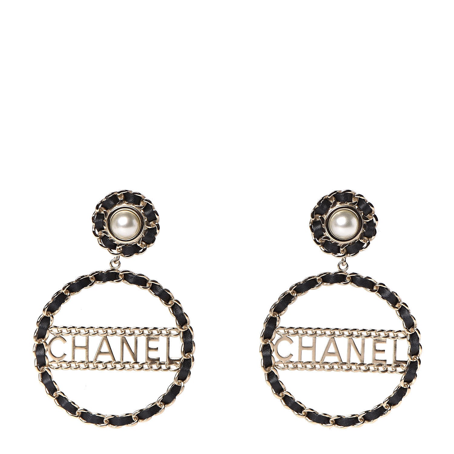 Chanel Pearl Lambskin Chain Logo Hoop Clip On Earrings Black Gold 1 of 5
