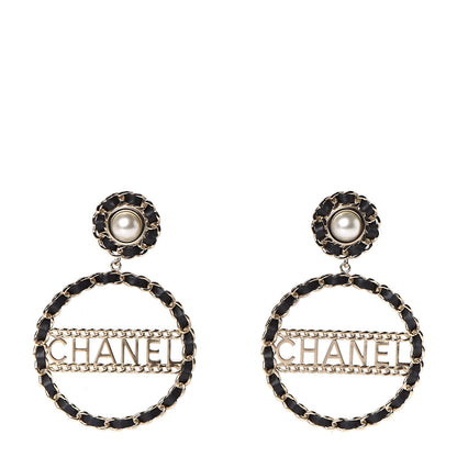 Chanel Pearl Lambskin Chain Logo Hoop Clip On Earrings Black Gold 1 of 5