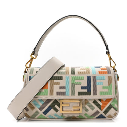 Fendi Canvas Vitello Seta FF Multicolor Embroidered Baguette Grezzo Multicolor Latte 1 of 9