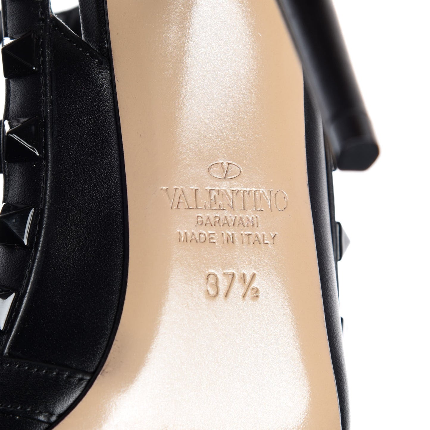 Calfskin Lacquered Monochrome Rockstud Ankle Strap 100mm Pumps 37.5 Black
