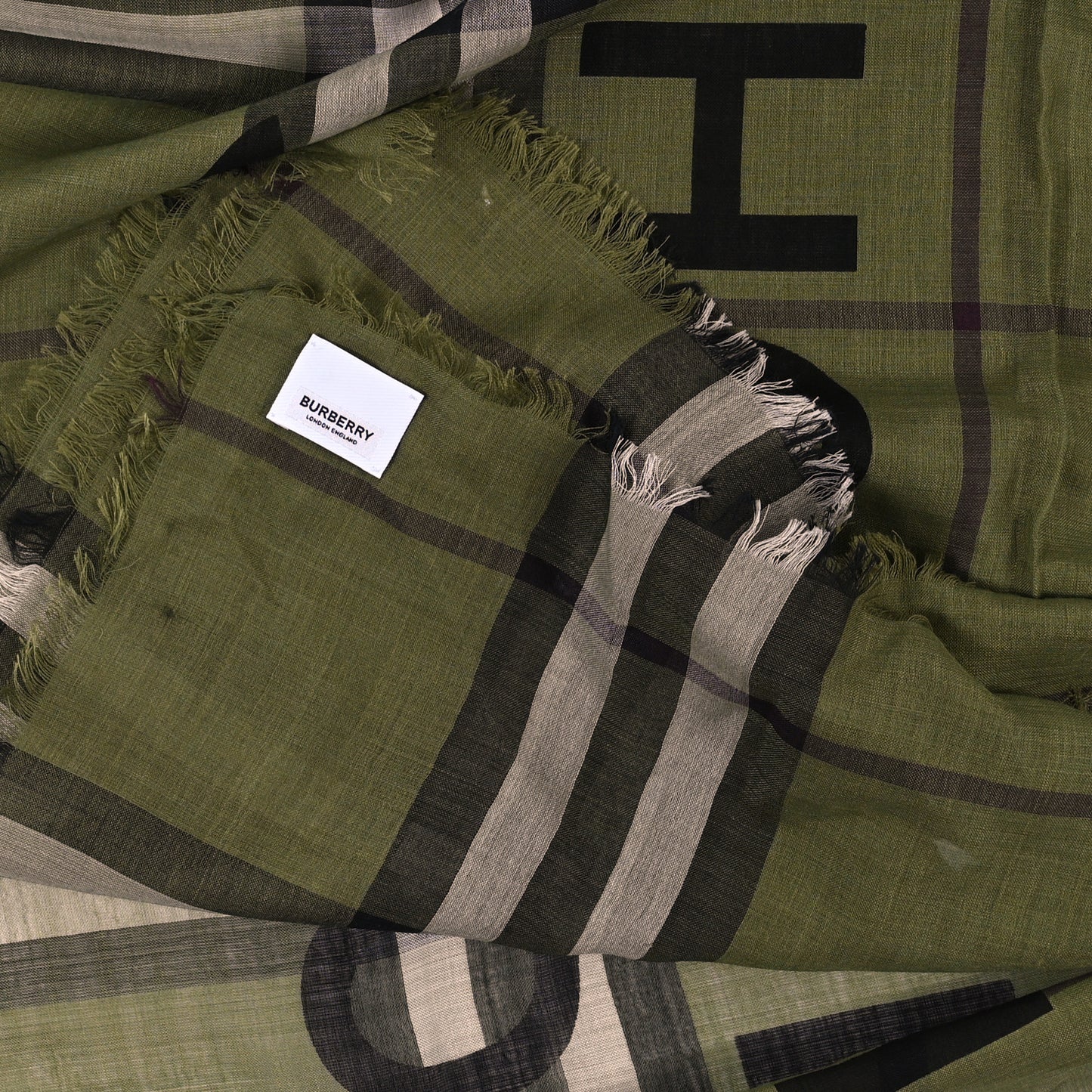 Wool Silk Horseferry Giant Check Print Scarf Olive Green