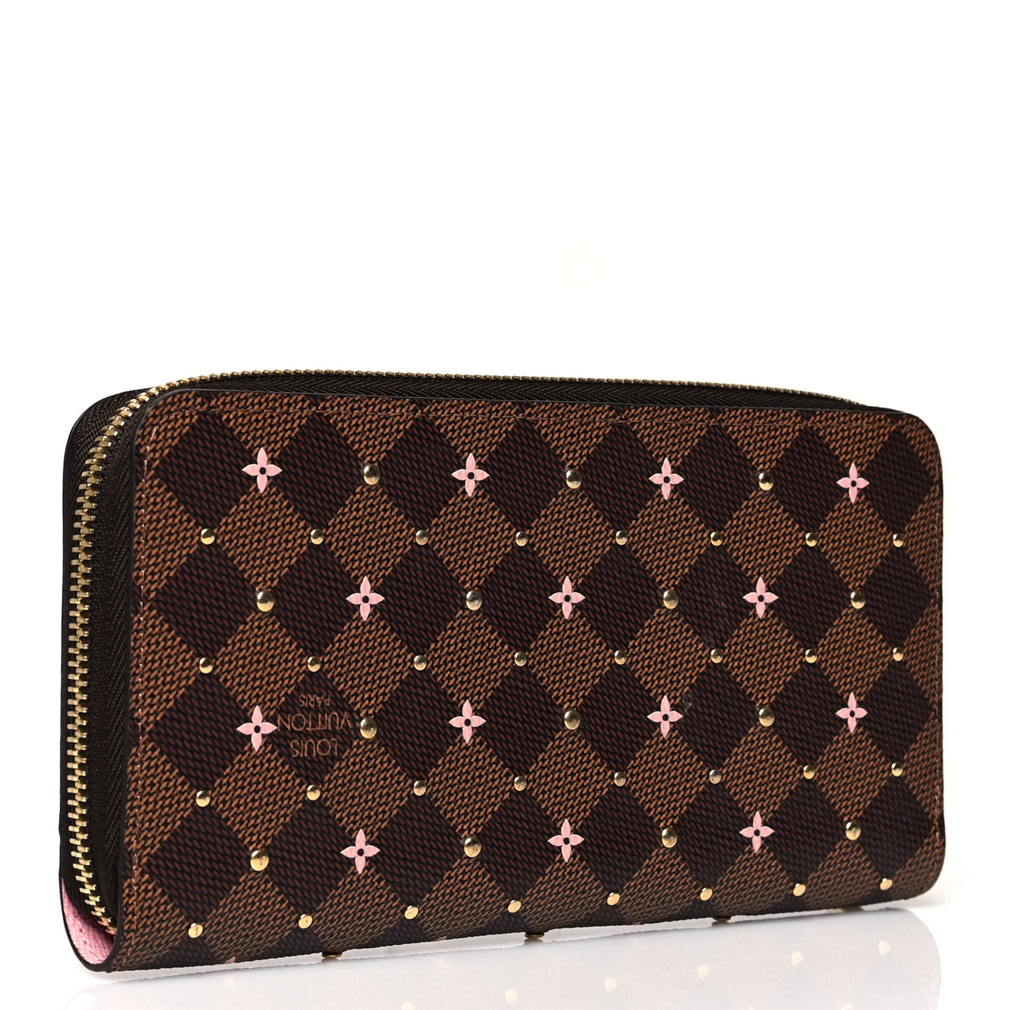 Damier Ebene Studded Zippy Wallet Rose Ballerine