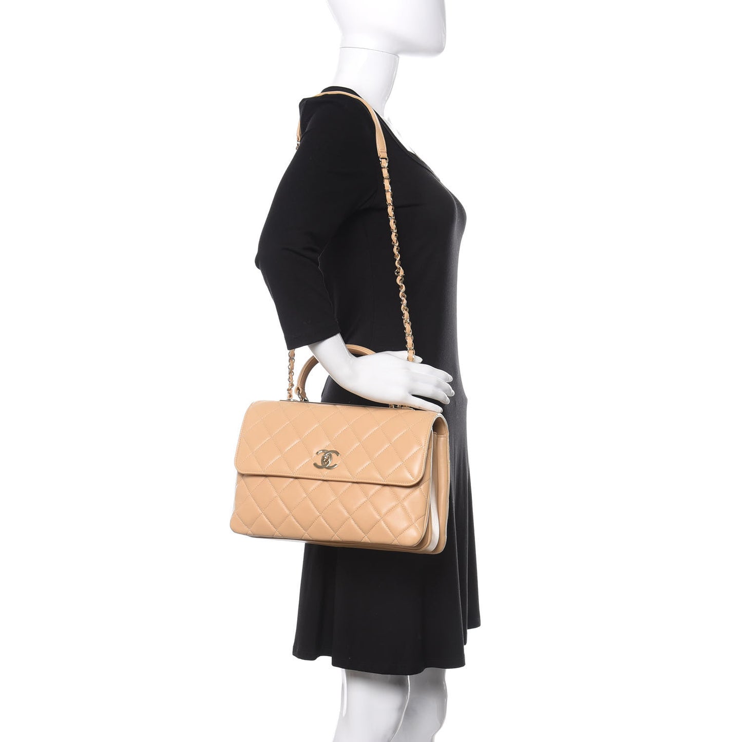 Lambskin Quilted Medium Trendy CC Flap Dual Handle Bag Beige