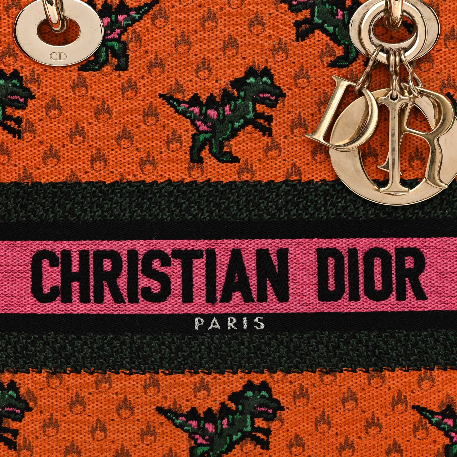 Christian Dior Canvas Embroidered Dino Medium Lady D-Lite Orange Multicolor 7 of 9