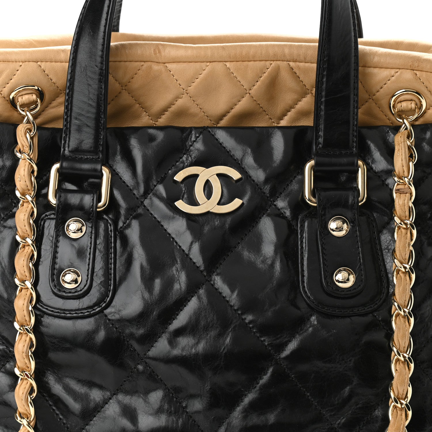 Chanel Glazed Calfskin Lambskin Portobello Tote Black Beige 14 of 14