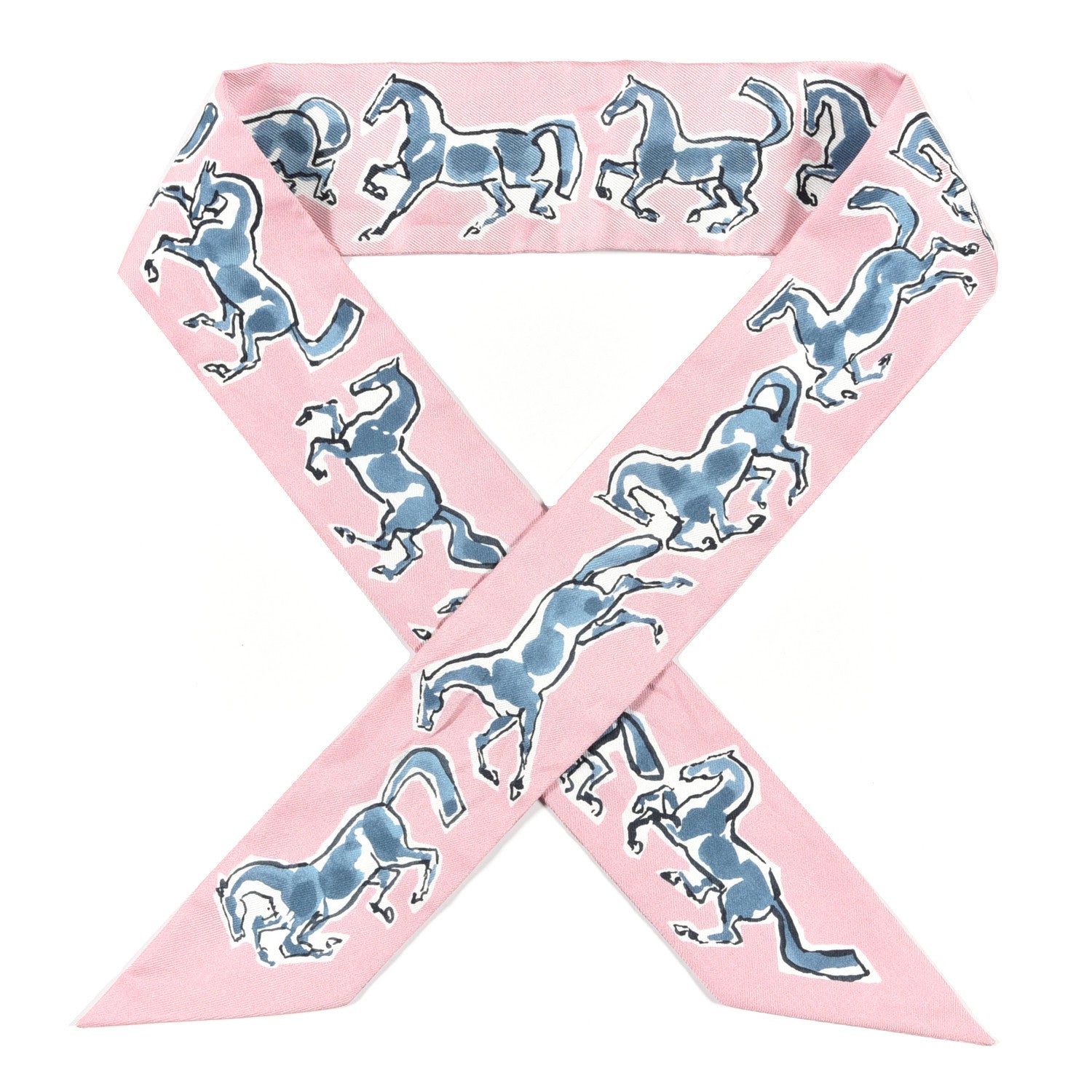 Hermes Silk Chevaux En Liberte Twilly Vieux Rose Bleu 1 of 6