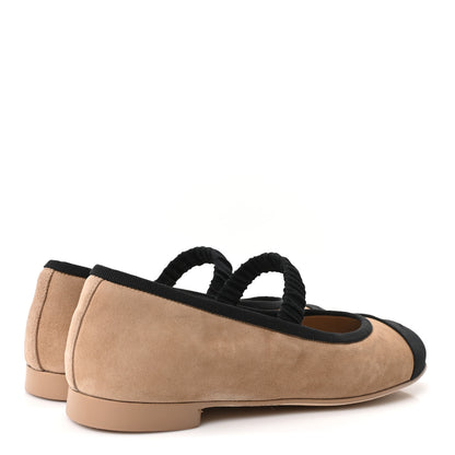 Chanel Suede Kidskin Grosgrain Mary Jane Flats 38 Beige Black 5 of 10