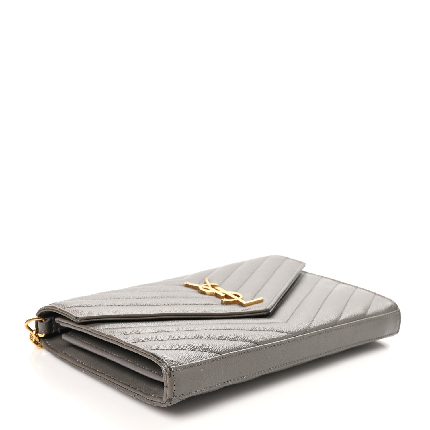 Saint Laurent Grain De Poudre Matelasse Chevron Monogram Chain Wallet Fog 4 of 11