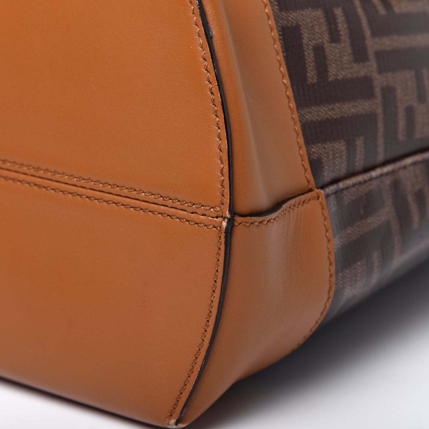 Glazed Fabric Vitello Century FF 1974 Stamp Patch Shopping Tote Mogano Panna Caramello