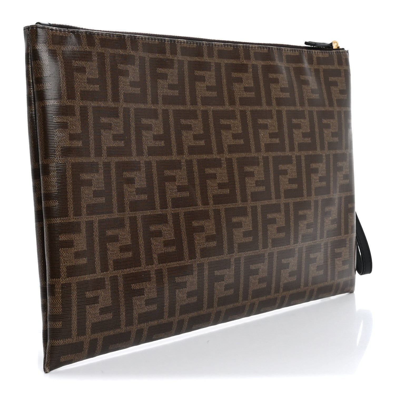 Fendi Glazed Fabric Vitello Century FF 1974 Stamp Patch Large Flat Pouch Mogano Panna Black 3 of 13